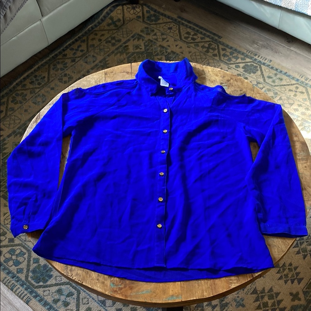 Blue Long Sleeve Button Down Shirt with Peek-A-Boo Shoulder Cut-Outs